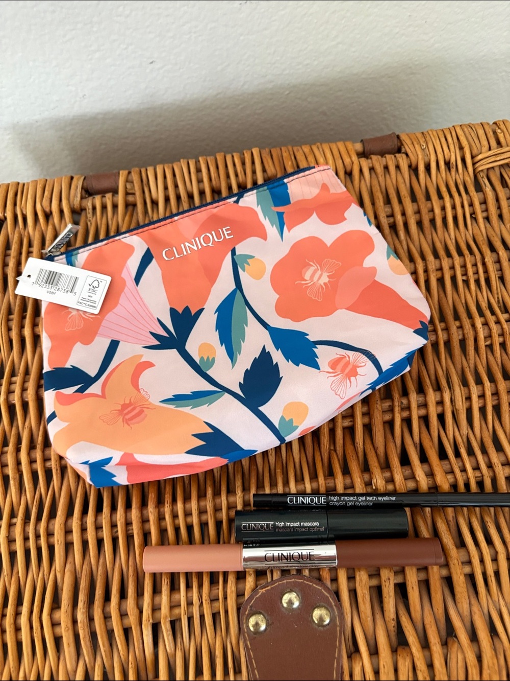 Clinique Coral Floral Cosmetic Bag with Blue Accents eye liner, shadow, mascara